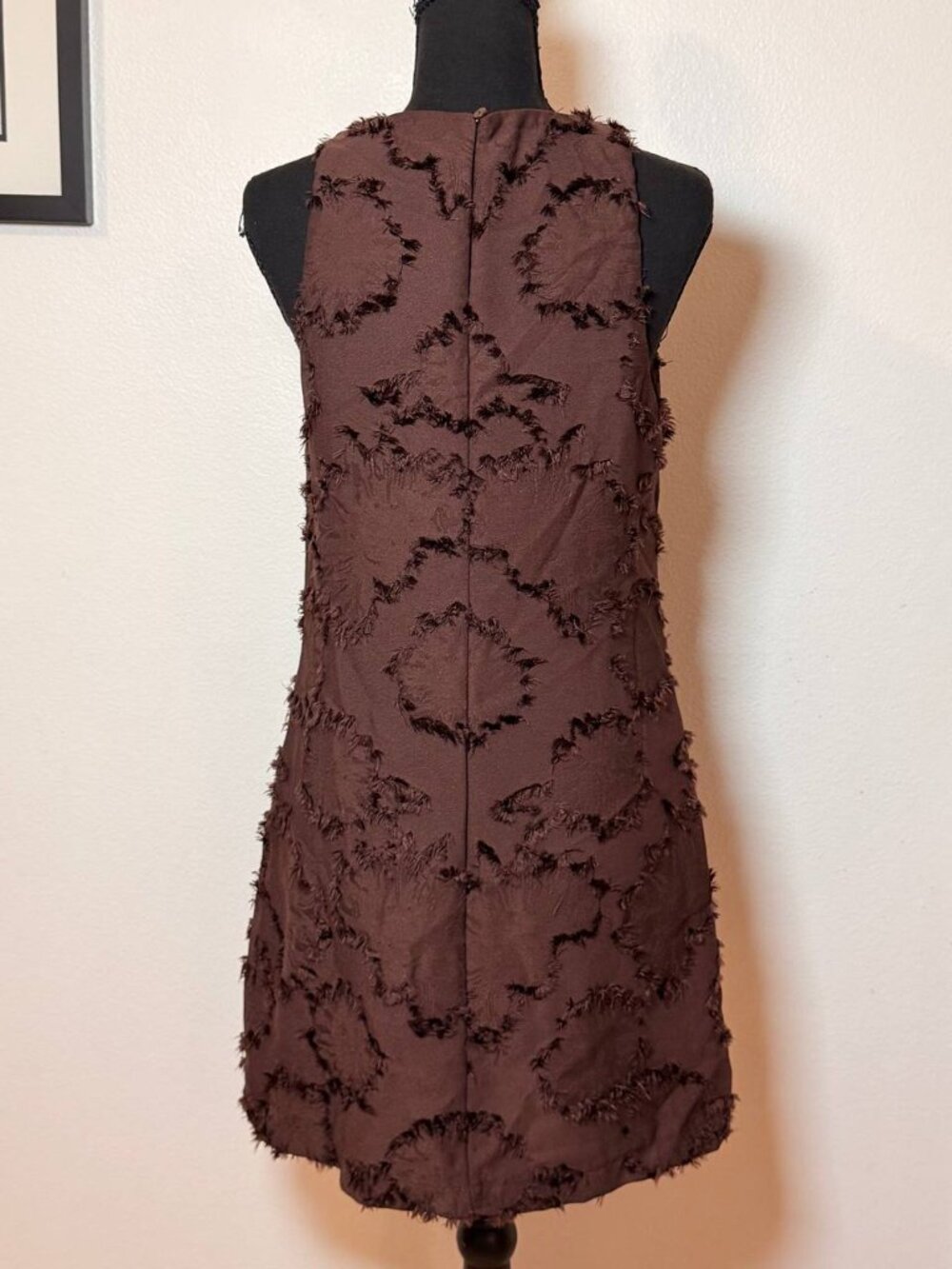 Zara Chocolate Brown Fringe Textured Mini Shift Dress 60s Mod Retro Boho Chic M - Picture 5 of 7